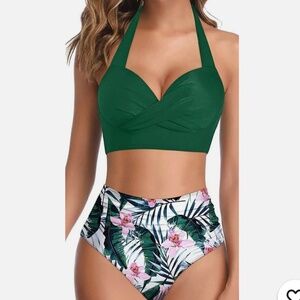 Womens 2-Piece Swimsuit Bikini Green Floral High Waisted Tummy Control Halter L